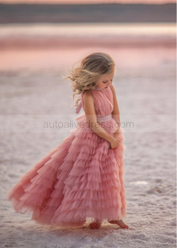 High Neck Light Pink Ruffled Tulle Flower Girl Dress